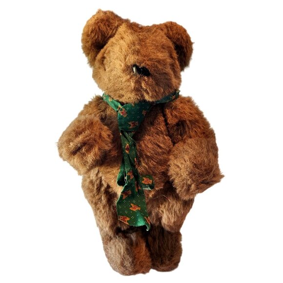 Vintage Brown Teddy Bear With Green Christmas Scarf - Picture 11 of 16